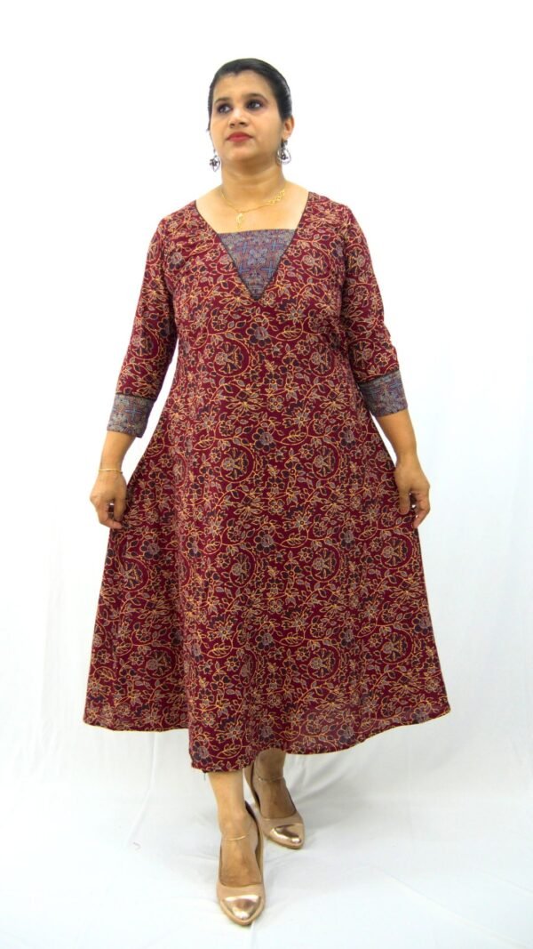 AJRAKH COTTON ALINE KURTI MEROON-INK2002