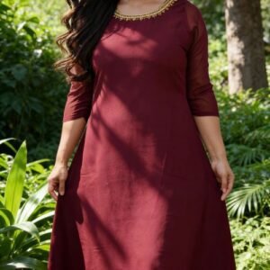 meroon Georgette A-line Kurti with Handwork Detail